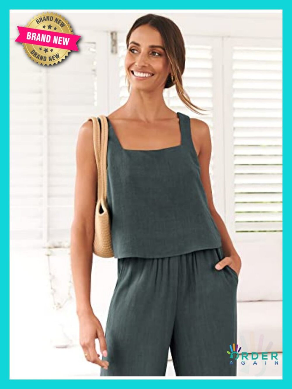 2 Piece Linen Set Crop Tank Wide Leg Pants Lounge Wear - Picture 4 of 6